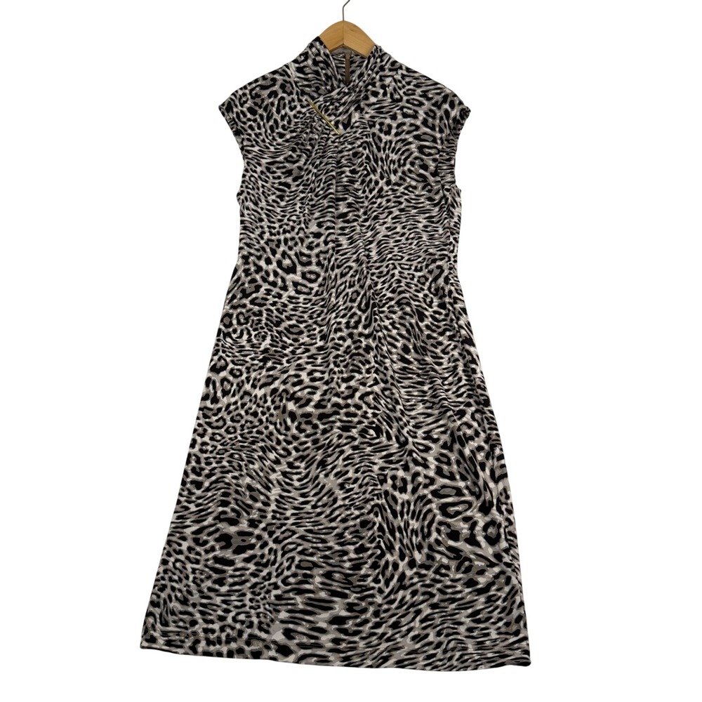 Calvin‎ Klein Grey Leopard Print Mock Neck Sleeveless Sheath Dress 2103